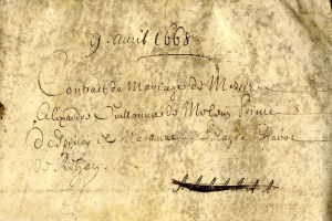 Ein gelbliches, altes Papier mit sauberer, lesbarer Handschrift, das einen Ehevertrag mit einem Mann beschreibt.