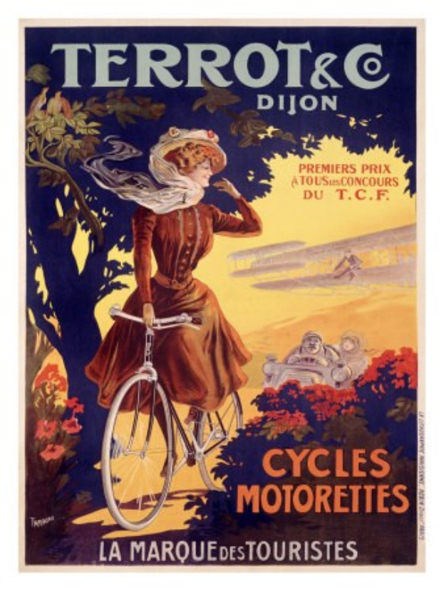 Ein Plakat, das eine Radtour in Frankreich ankündigt und eine Frau zeigt, die ein Fahrrad durch eine Landschaft mit Bäumen, Blumen und anderen Menschen fährt, mit Text, der die Tour beschreibt.