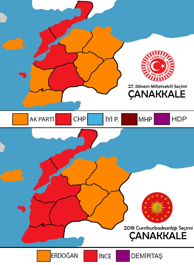 Eine Karte von Türkei, die in verschiedenen Farben dargestellt ist, um den Prozentsatz der Menschen in jedem Gebiet zu zeigen, mit dem Text "Canakkale Wahlresultate 2018".