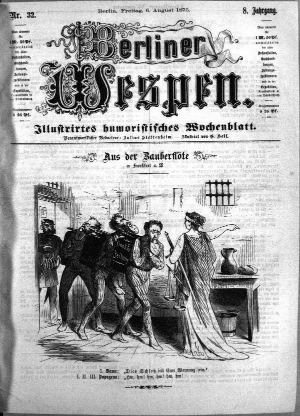 Schwarze und weiße Zeitung vom 6. August 1875 mit der Überschrift "Berliner Wespen", die eine besorgte Gruppe von Menschen zeigt, von denen einige ängstlich nach oben und andere verwirrt nach unten schauen.