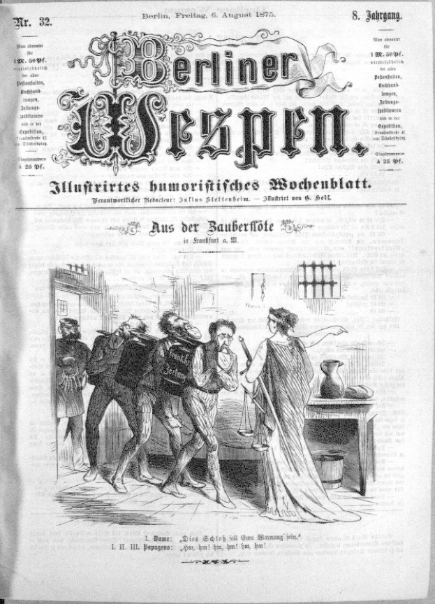 Schwarze und weiße Zeitung vom 6. August 1875 mit der Überschrift "Berliner Wespen", die eine besorgte Gruppe von Menschen zeigt, von denen einige ängstlich nach oben und andere verwirrt nach unten schauen.