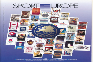Ein Buchumschlag mit dem Titel 'Sport in Europa' in leuchtenden Farben, detaillierten Designs und verschiedenen olympischen Symbolen im Zusammenhang mit den Olympischen Spielen in Europa.