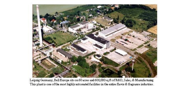 Luftaufnahme einer großen Industrieanlage in Leipzig, Deutschland, mit Gebäuden, Bäumen, Straßen und Infrastruktur sowie dem Text "Leipzig Germany - Bell Europe" am unteren Rand.