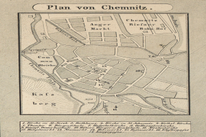 Ein detaillierter Stadtplan von Chemnitz, Deutschland, mit Straßen, Gebäuden und Sehenswürdigkeiten, überlagert mit handgeschriebenem Text.