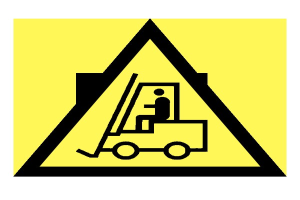 Warnschild mit einem gelben und schwarzen Hintergrund, das eine Gabelstapler-Illustration zeigt, die den Bereich f\c3cr Gabelstapler beschr\c3\a4nkt.