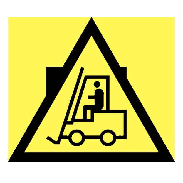 Warnschild mit einem gelben und schwarzen Hintergrund, das eine Gabelstapler-Illustration zeigt, die den Bereich f\c3cr Gabelstapler beschr\c3\a4nkt.