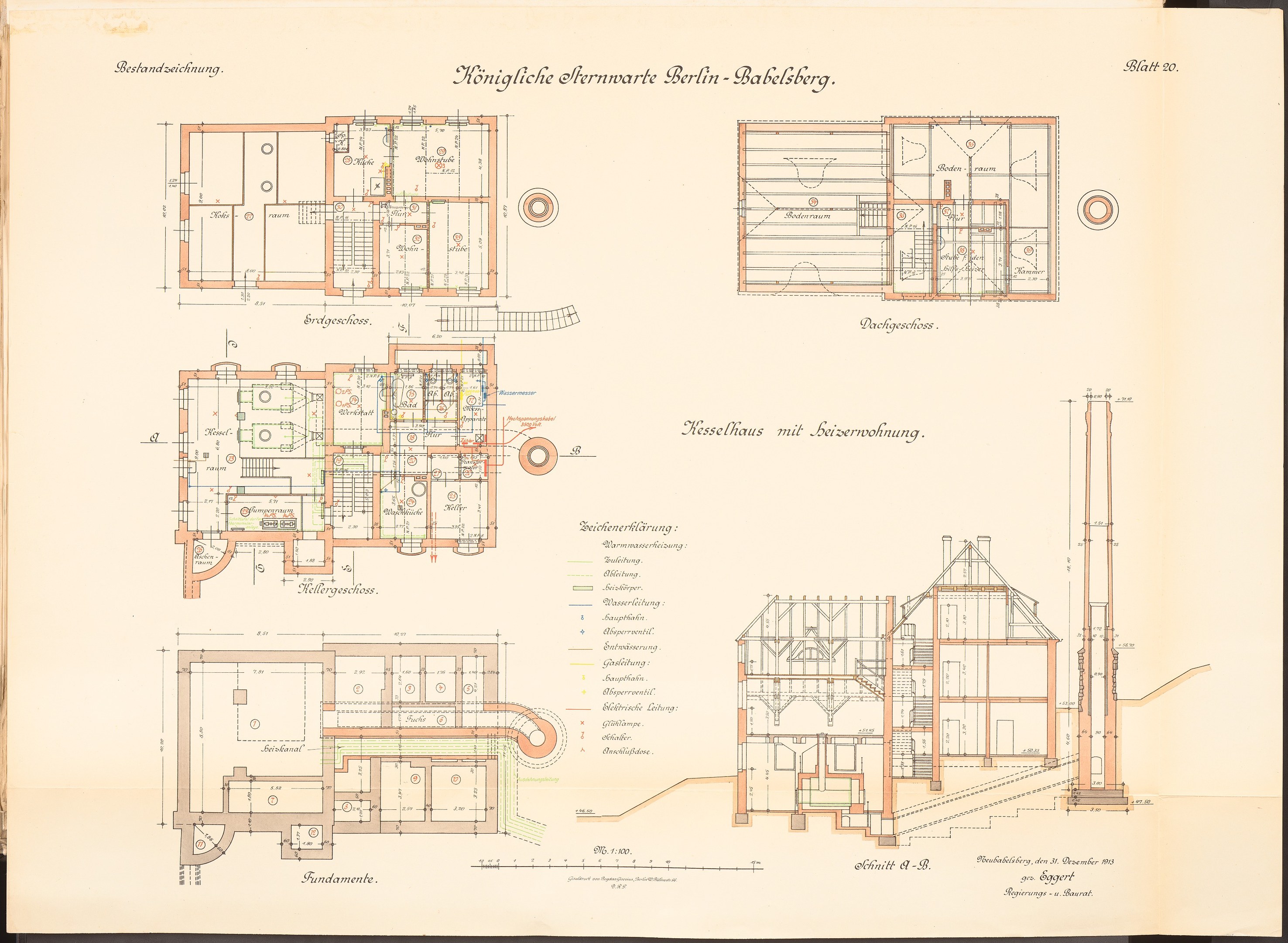 Altes Buch mit detaillierter architectural drawing des ursprünglichen Plans für die Königliche Hermwerk Berlin-Baklberg, einschließlich Text und Layout-Details.
