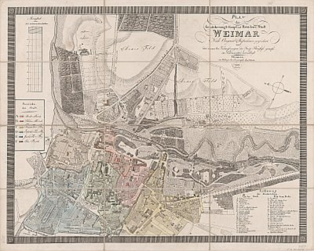 Detailierte alte Karte von Weimar, Deutschland, zeigt Straßen, Gebäude und Sehenswürdigkeiten mit begleitendem Text.