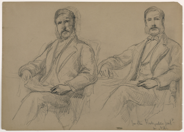 Zwei Männer in Anzügen sitzen nebeneinander auf Stühlen und sehen ernst aus, mit Text auf dem Papier darunter.