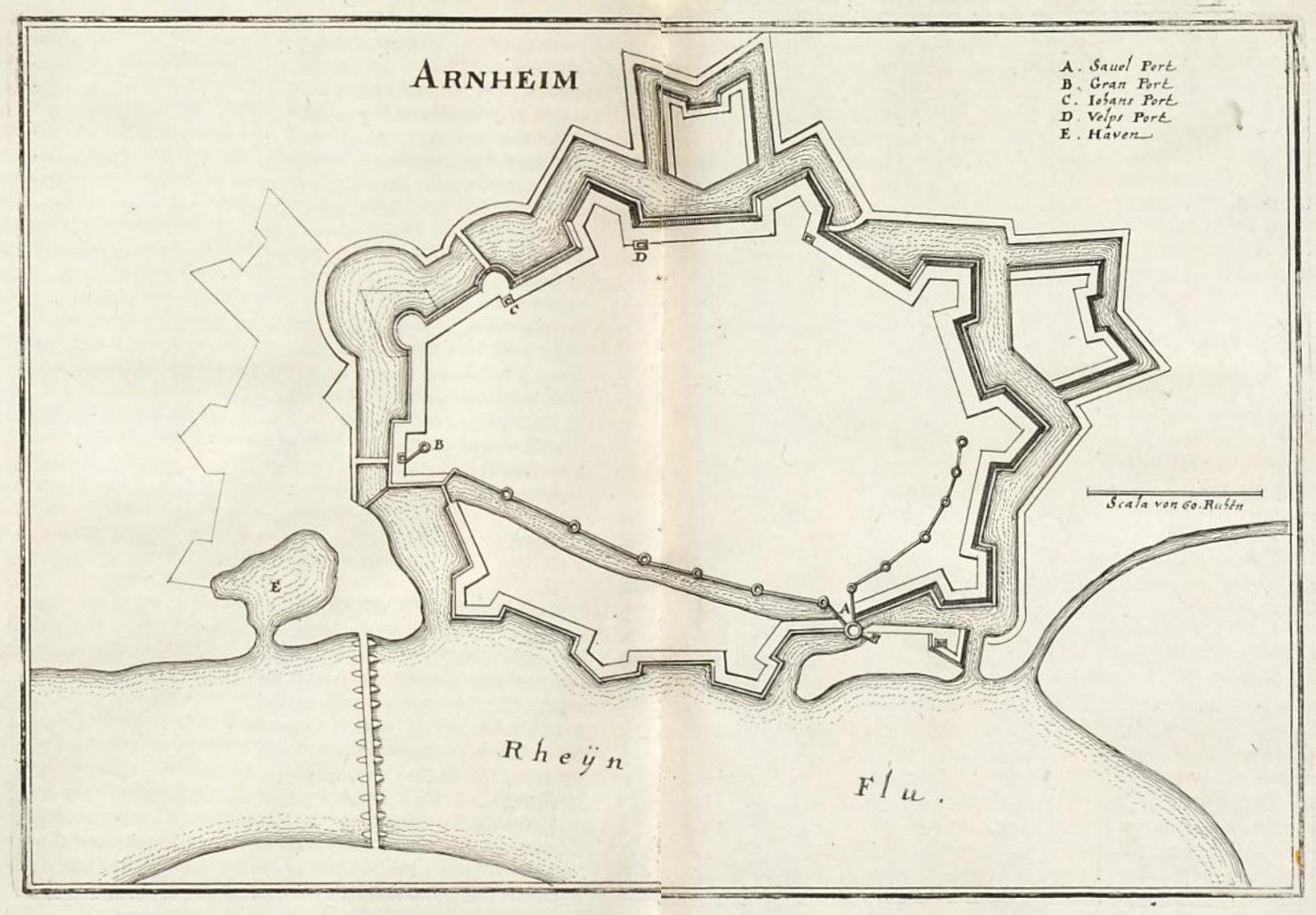 Detailierte Papierkarte von Arnhem mit Straßen, Gebäuden und Sehenswürdigkeiten.