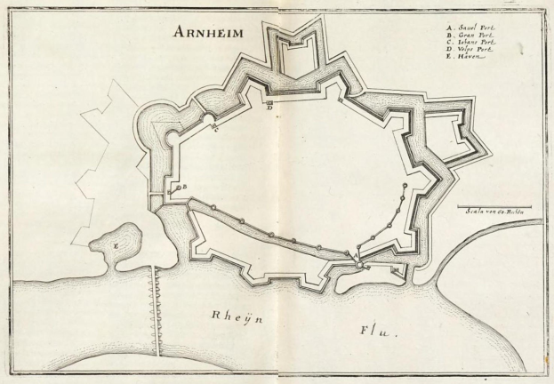 Detailierte Papierkarte von Arnhem mit Straßen, Gebäuden und Sehenswürdigkeiten.