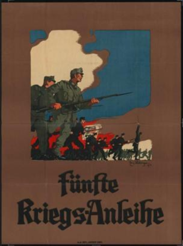 Ein deutsches Weltkriegspropagandaplakat mit einer Gruppe von Menschen in heroischer Pose mit Waffen, darüber in fetter schwarzer Schrift 'Fünfte Riegs-Anleitung', überwiegend in Rot, Weiß und Blau gehalten.