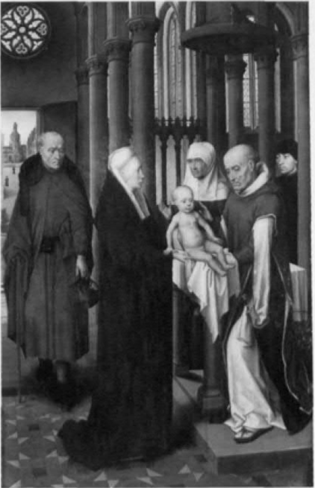 Ein Schwarz-Weiß-Foto einer Gruppe von Menschen, die in einer Kirche stehen, mit einer Frau, die ein Baby hält, Säulen und einem Bleiglasfenster im Hintergrund und Text unten.