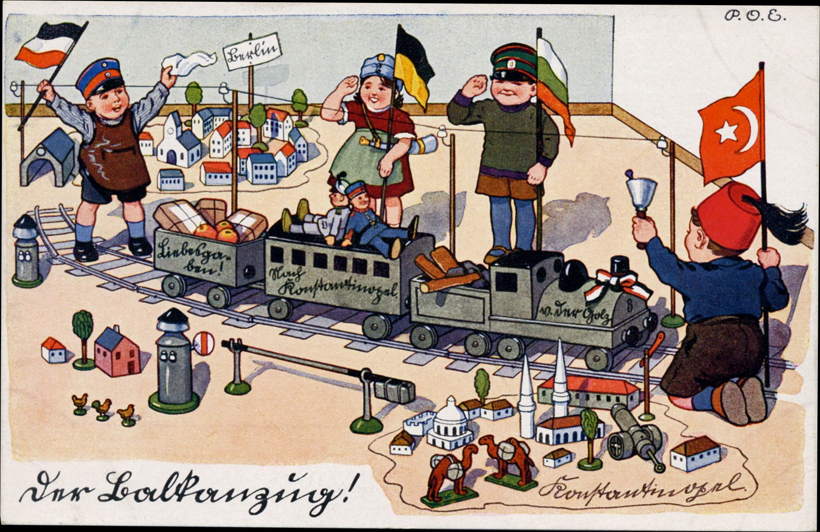 Kinder spielen mit einem Spielzeugräumzug auf einem Eisenbahnübergang in einem Wohngebiet mit Häusern und Bäumen, Text unten.