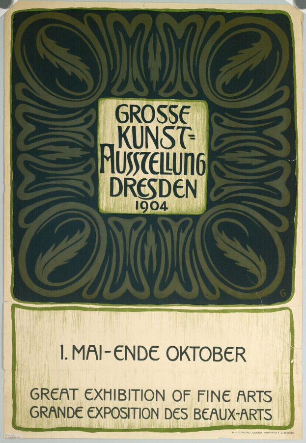 Ein Vintage-Plakat für die Große Kunstausstellung an der Grand Exposition des Beaux-Arts in Dresden, Deutschland, 1904, mit auffälliger Schrift, die das Ereignis ankündigt.