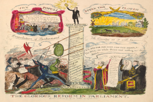 Ein buntes Papier mit fetter Schrift und Bildern von verschiedenen, lächelnden Menschen, das eine parlamentarische Reform mit Hoffnung und Optimismus zeigt.