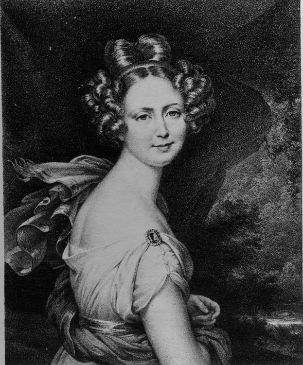 Schwarzes und weißes Porträt von Maria Feodorovna von Russland in einem Kleid, mit dunklem Hintergrund, direkt in die Kamera schauend mit sanftem Ausdruck.