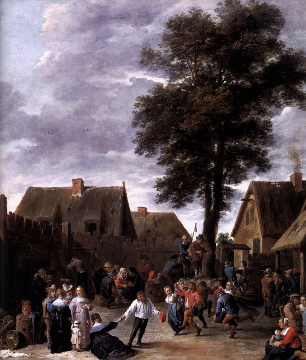 Gemälde mit dem Titel 'Der Tanz im Dorf' von Jan Brueghel dem Jüngeren, das eine Dorfplatzszene mit Menschen, Häusern, Bäumen, einem hölzernen Zaun, einer bewölkten Himmel und fliegenden Vögeln zeigt.