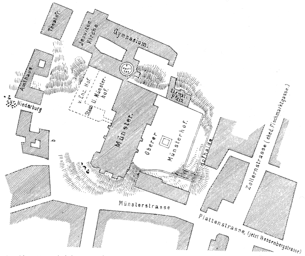 Schwarze und weiße Karte des Münsterstrasse-Stadtplans, der Straßen, Gebäude und andere Merkmale zeigt.
