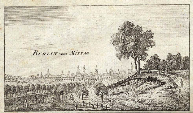 Gravur von Berlin aus Mittag, Deutschland, mit Bäumen, Menschen, einem Zaun und einem Himmel im Hintergrund, mit handgeschriebener Schrift auf dem Papier.