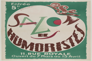 Ein Plakat, das ein Humorsalon in Paris, Frankreich, bewirbt, mit Text, der die Angebote des Salons beschreibt.