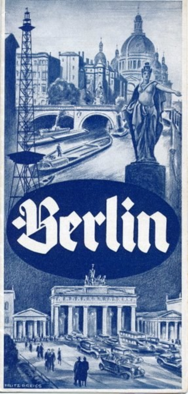 Plakatwerbung für Berlin, Deutschland, das eine Statue, Gebäude, einen Turm, Menschen, Fahrzeuge auf einer Straße und eine Brücke zeigt, mit Text, der Stadtinformationen enthält.