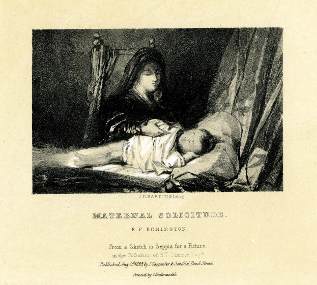 Eine Frau in einem weißen Kleid sitzt auf einem Bett und hält ein Baby nah an ihrer Brust, während beide einander friedlich anschauen; das Bild trägt den Titel "Mütterliche Einsamkeit" von R.P. Bonington.