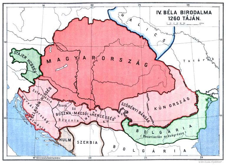 Ein Plakat mit einer 16. Jahrhundert-Karte von Ungarn, die das Ausmaß des ungarischen Reichs zeigt, begleitet von erklärendem Text.