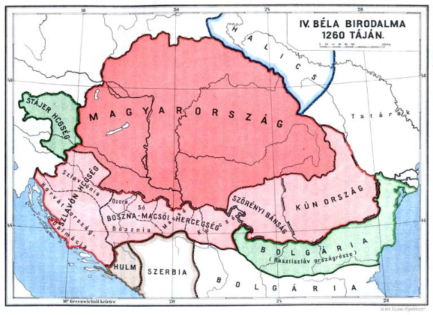 Ein Plakat mit einer 16. Jahrhundert-Karte von Ungarn, die das Ausmaß des ungarischen Reichs zeigt, begleitet von erklärendem Text.