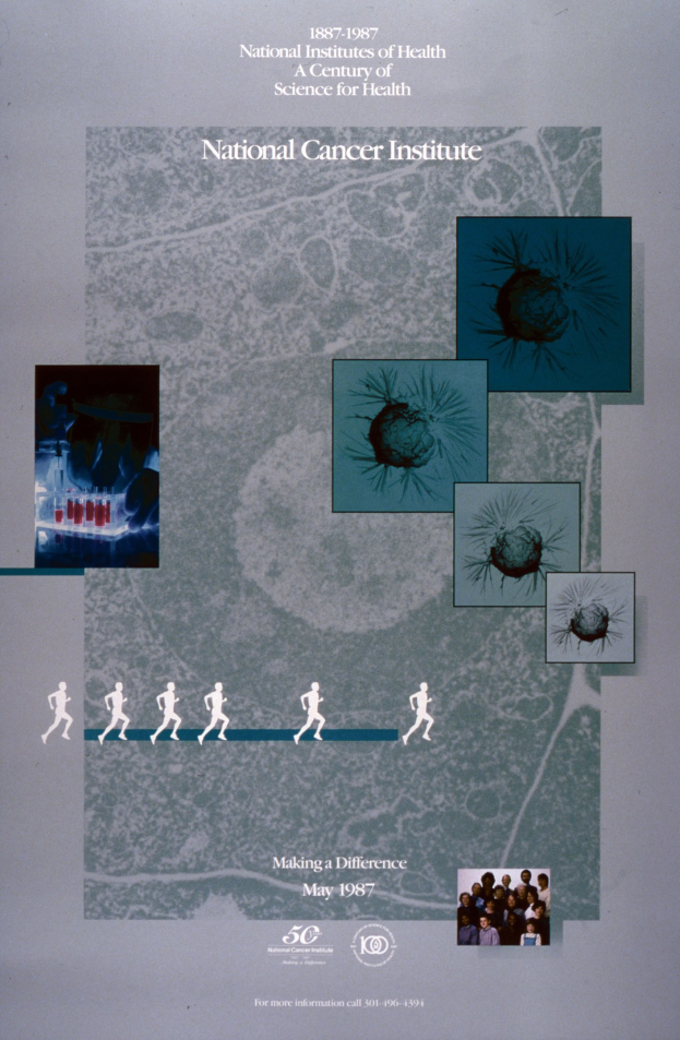 Buntes Plakat mit einem blauen Hintergrund, fettweißer Schrift, die "National Cancer Institute" lautet, umgeben von überlappenden Bildern von lachenden Menschen verschiedenen Alters, Geschlechts und Ethnien.