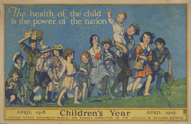 Ein Plakat mit Kindern, die mit Körben stehen, betitelt mit "Die Gesundheit des Kindes ist die Macht der Nation", betont die Gesundheit von Kindern und nationale Stärke.