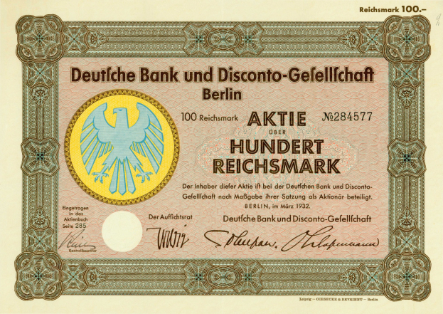 Alte deutsche Banknote mit einem Vogel, ausgegeben von Deutsche Bank und Disconto-Gesellschaft Berlin.