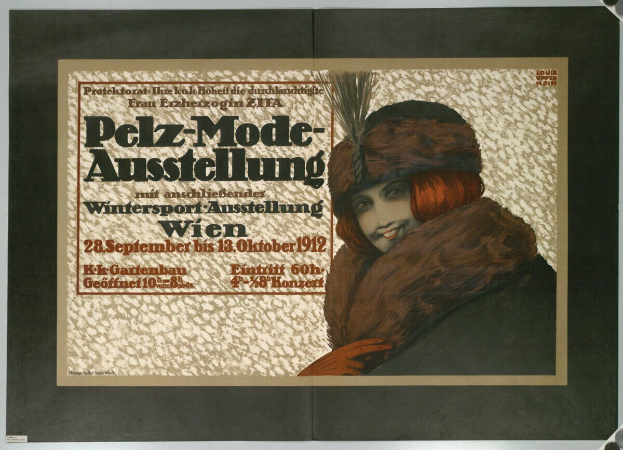 Ein Plakat bewirbt ein Wintersportevent in Wien, Österreich, mit einer lachenden Frau in einem Pelzmantel und Hut sowie Eventdetails.