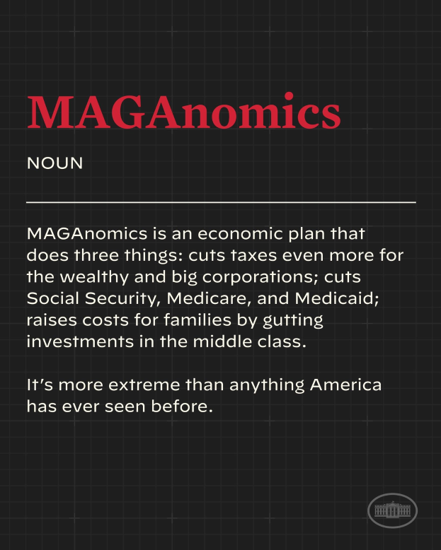 Plakat mit fettem schwarzem Text auf einem weißen Hintergrund, der von einem schmalen schwarzen Rand umgeben ist und "Maganomics: Ein Wirtschaftsplan, der drei Dinge tut - Steuern noch weiter für Wohlhabende und Großunternehmen senken."