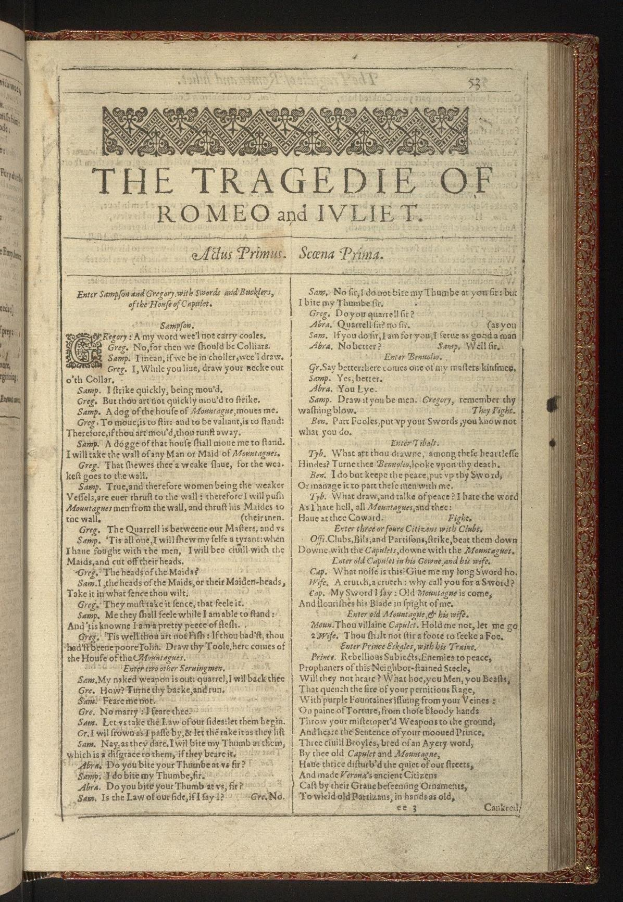 Offenes Buch mit der Aufschrift 'Die Tragödie von Romeo und Julia' auf dunklem Hintergrund, der eine melancholische Atmosphäre schafft.