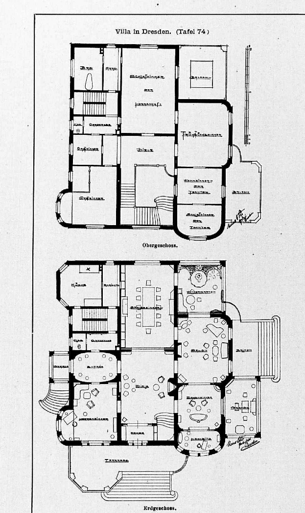 Ein Schwarz-Weiß-Bodenplan-Zeichnung eines Hauses mit mehreren Räumen, die mit Details über die Raumanzahl und -größen beschriftet sind, die als die Villa in Dresden, Deutschland, vermutet wird.
