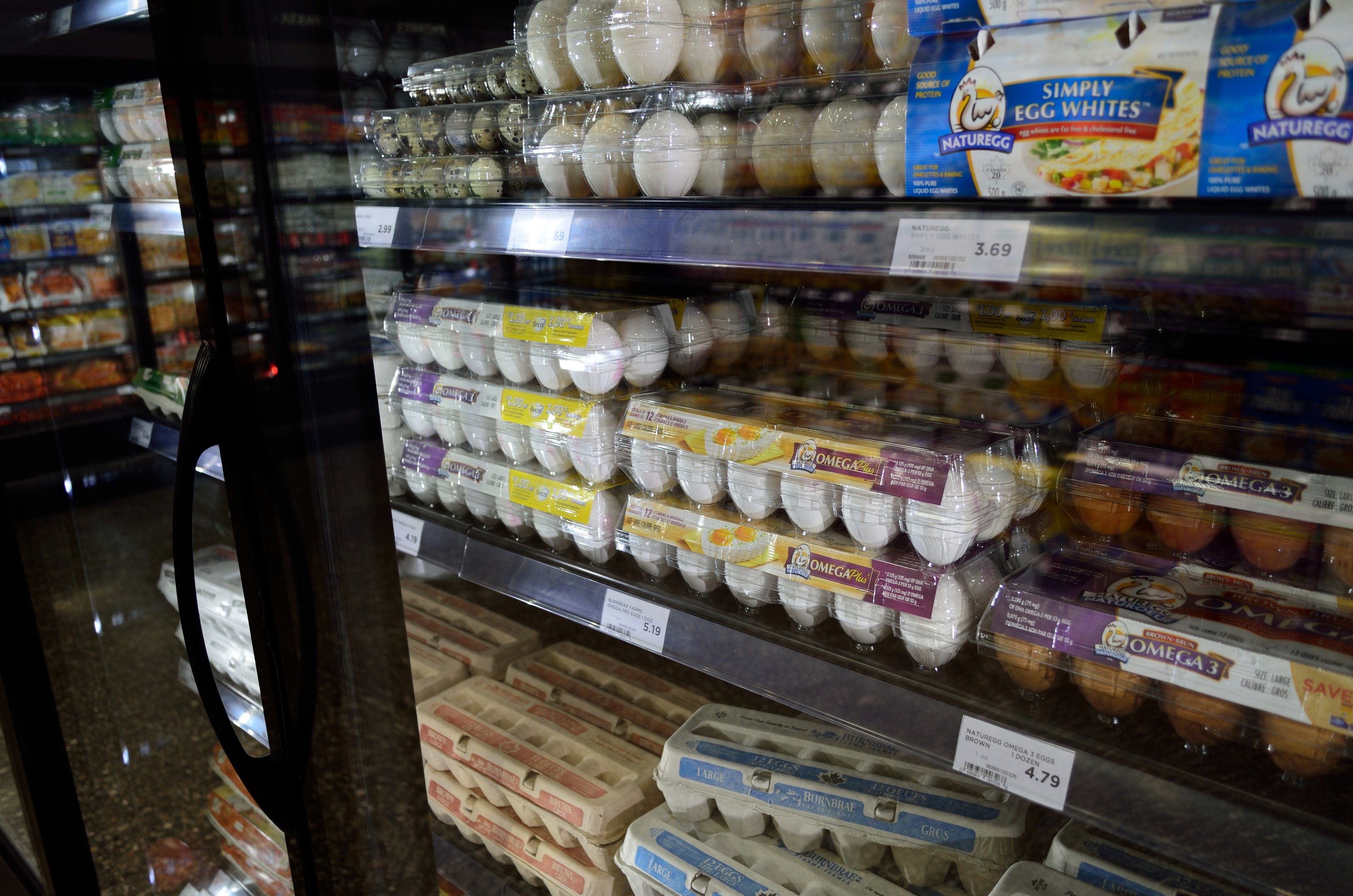 Ein Supermarktkühlschrank voller ordentlich arrangierter, beschrifteter Eierkartons verschiedener Arten.