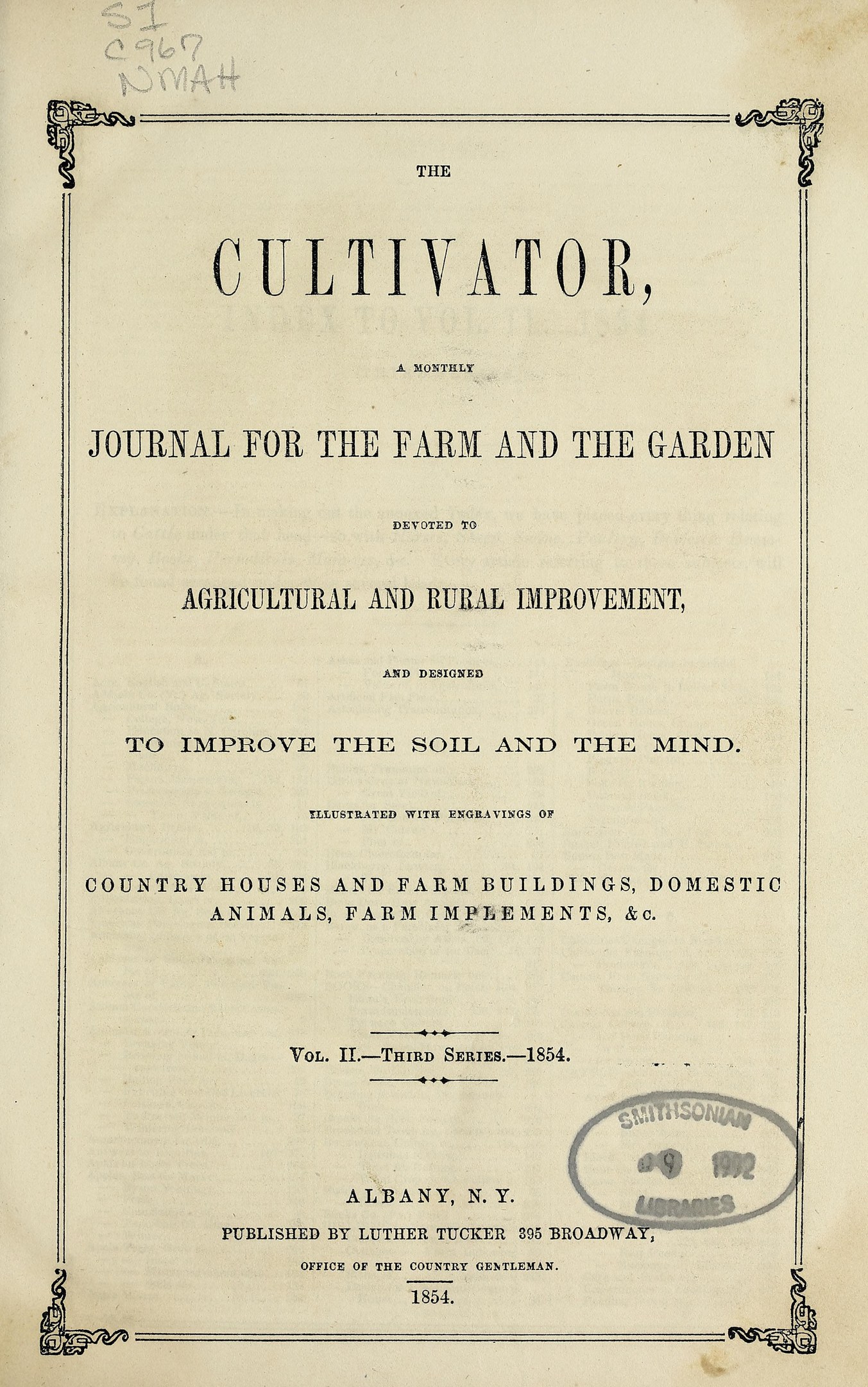 Altes Buch mit dem Titel "The Cultivator, Journal for the Farm and the Garden" geöffnet auf einer Textseite