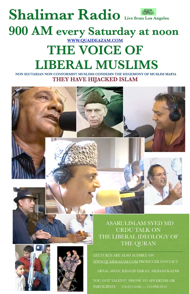 Plakat, das die Radiosendung "Die Stimme der liberalen Muslime" ankündigt, mit Bildern von Menschen mit Kopfhörern und Mikrofonen in einem Gespräch.