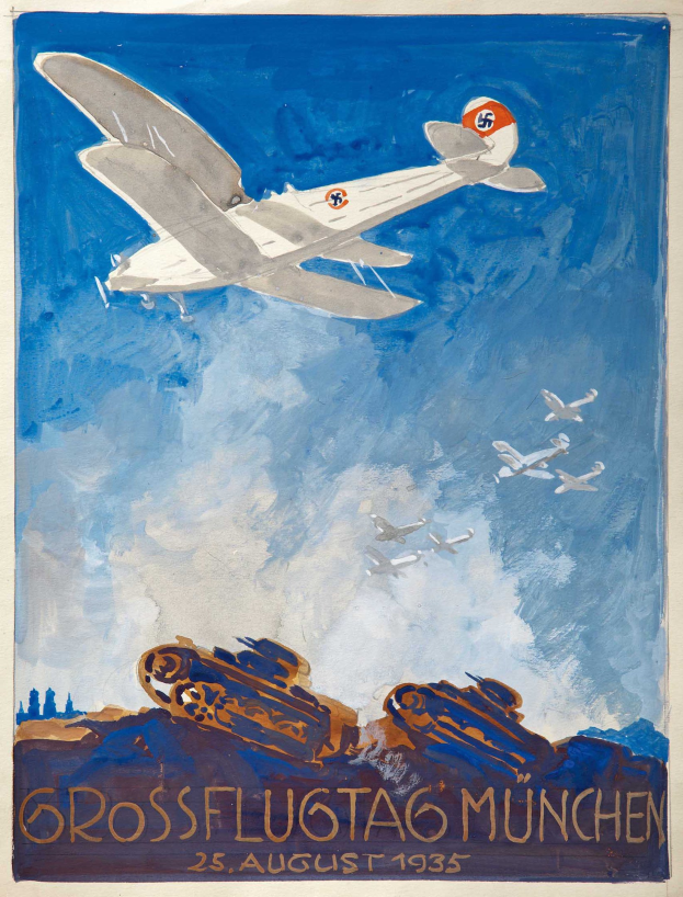 Plakat für den "Grossflugtag München" am 25. August 1935, das ein Flugzeug zeigt, das durch den Himmel fliegt, mit anderen Flugzeugen im Hintergrund.