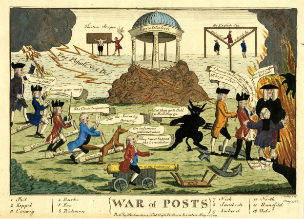 Karikatur, die einen Krieg der Posts mit Menschen, Tieren, einem Wagen und anderen Gegenständen im Vordergrund und einem Pavillon im Hintergrund zeigt, mit dem Text "Der Krieg der Posts" auf einem Blatt.