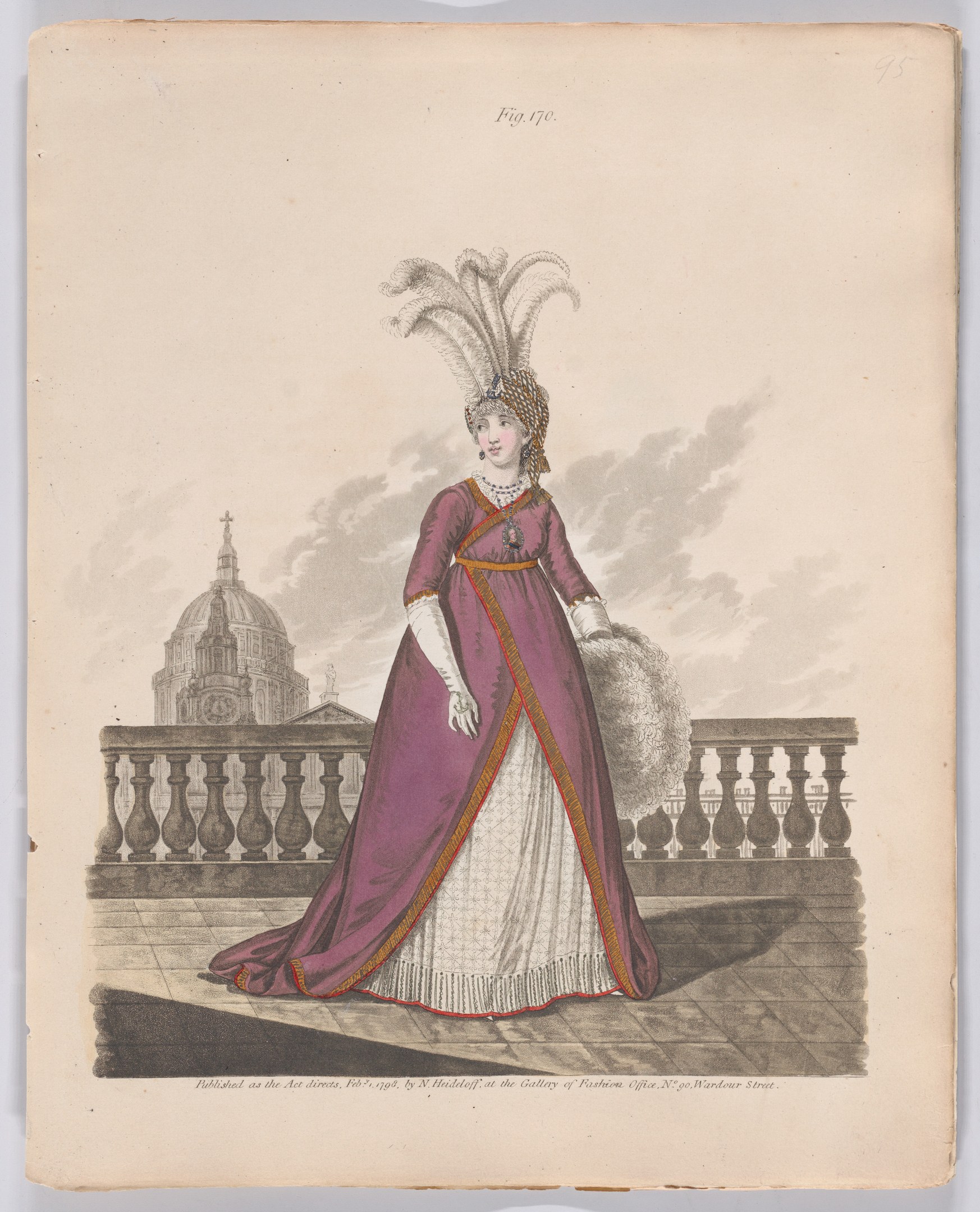Frau in einem purpurfarbenen und weißen Kleid mit Federn auf dem Kopf, die vor einem Geländer mit einem Gebäude und Wolken im Hintergrund steht, mit dem Text 'Fashion of New York, New York Street, 1790' unten.