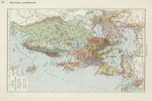 Eine Karte von Europa aus dem 19. Jahrhundert, die politische Grenzen zeigt und auf altem Papier gedruckt ist.