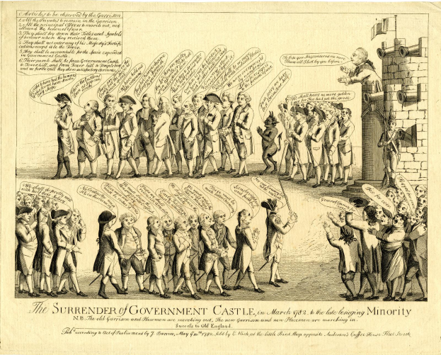 Ein Blatt Papier mit einer Zeichnung einer vielseitigen Gruppe von Menschen vor einem hohen, beeindruckenden Schloss mit einem großen Eingang und mehreren Türmen und einer betonten Textstelle.