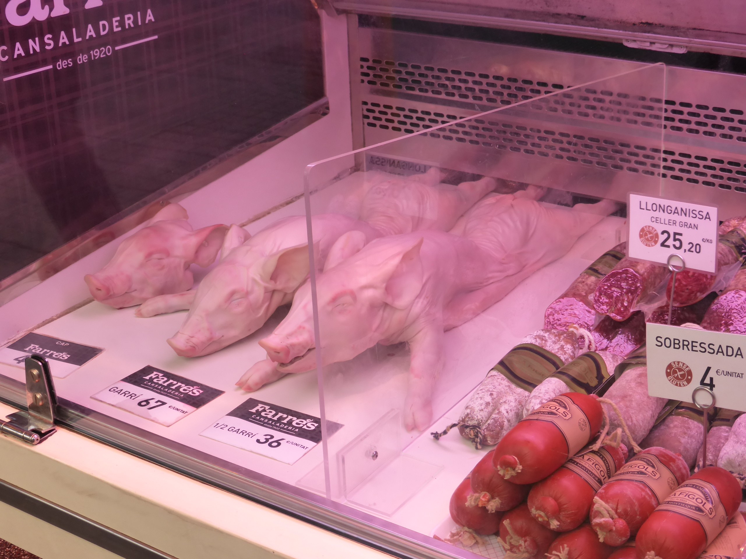 Vitrine gefüllt mit verschiedenen Schweinefleisch- und Wurstsorten, jeweils mit Preisschildern am Glas befestigt.