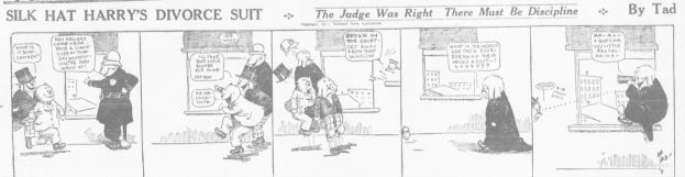 Cartoon-Illustration eines Mannes in einem schwarzen Anzug mit weißem Hemd und schwarzer Krawatte und einer Frau in einem eleganten Kleid mit einem schwarzen Schal, beide mit ernsten Gesichtern, beschriftet mit "Scheidungskost"