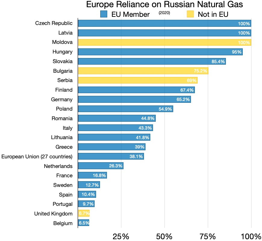 Eine Balkendiagramm, das den prozentualen Anteil von Europas Abhängigkeit von russischem Erdgas zeigt, mit Text, der die Investitionsprozentsätze angibt.