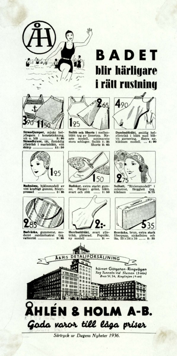 Frau in weißem Bikini mit blauen und weißen Streifen, mit einem Pferdeschwanz, direkt in die Kamera schauend, umgeben von Bildern von Menschen, Gebäuden und fetter Schrift.