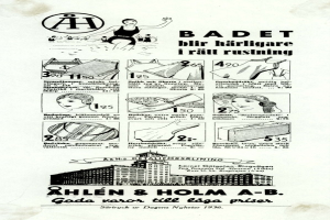 Frau in weißem Bikini mit blauen und weißen Streifen, mit einem Pferdeschwanz, direkt in die Kamera schauend, umgeben von Bildern von Menschen, Gebäuden und fetter Schrift.