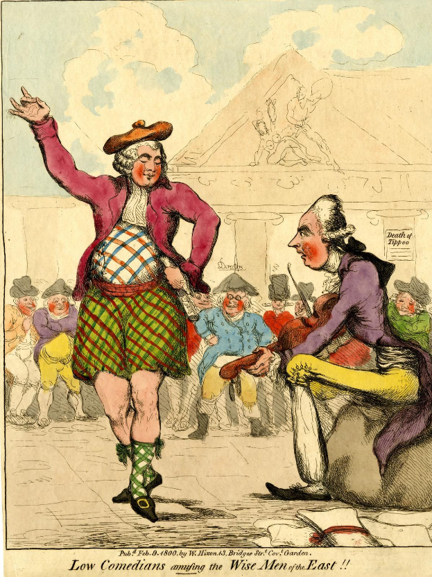 Zeichnung eines Mannes in einem Kilt und einer Frau in einem Kleid, die vor einem Publikum auf der Bühne stehen, mit dem Text 'Niedrige Komiker amüsieren die weisen Männer des Ostens' unten.